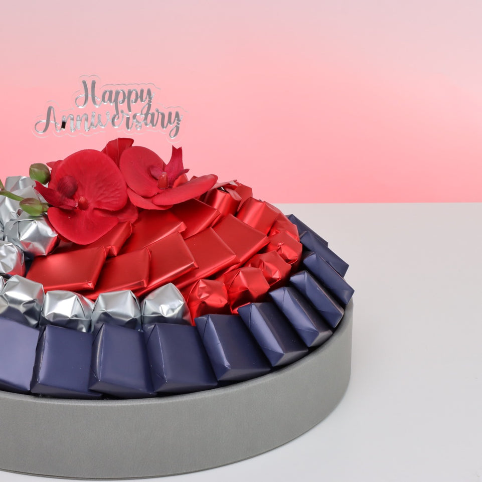 Happy anniversary orchid decorated chocolate leather round tray