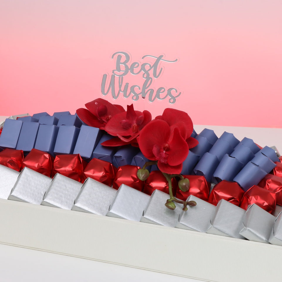 Best wishes orchid decorated chocolate medium leather tray