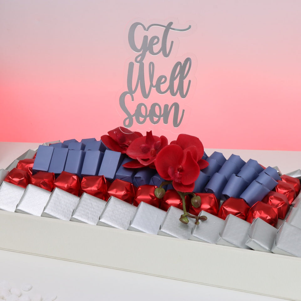 Get well soon orchid decorated chocolate medium leather tray