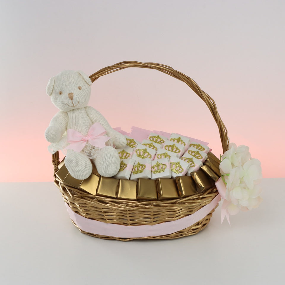 Teddy bear crown baby girl chocolate medium basket
