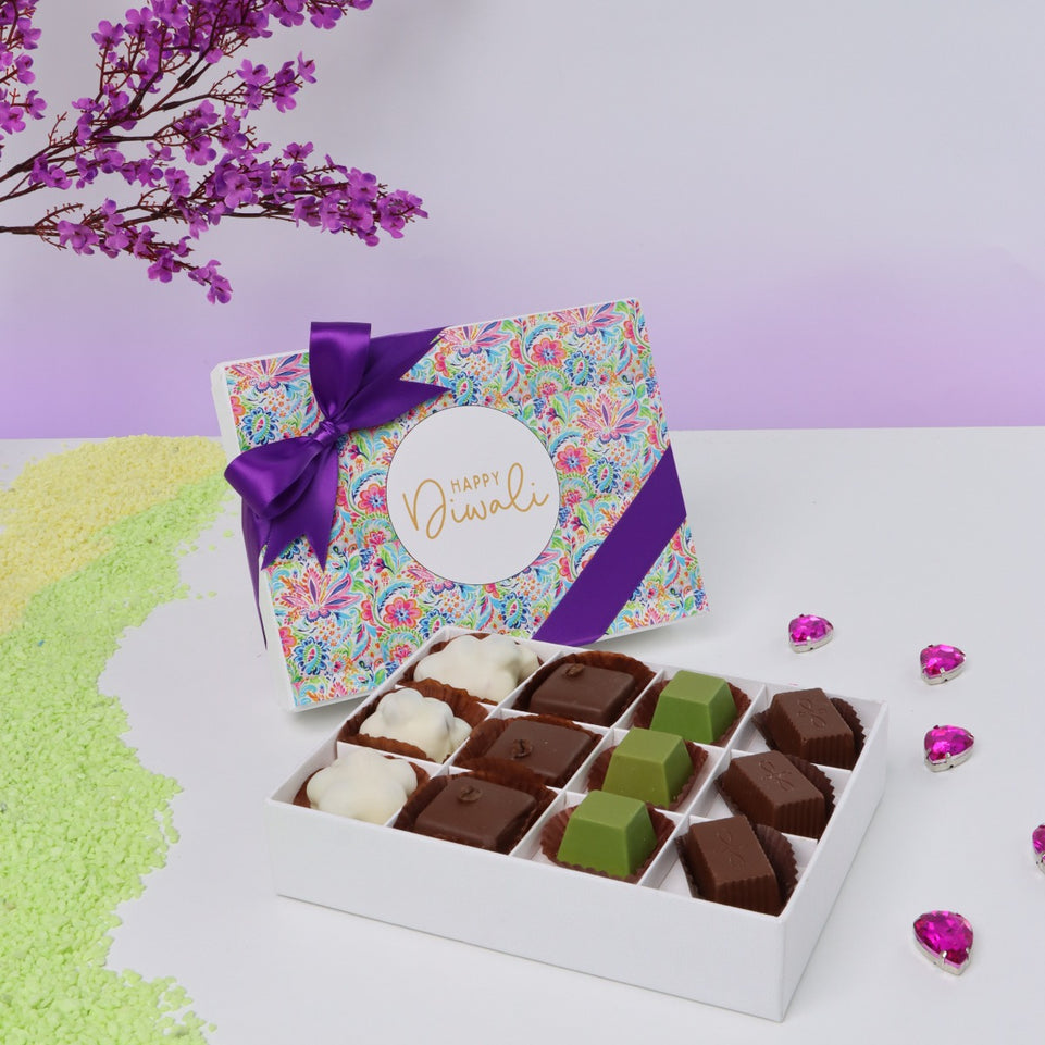 Happy diwali floral pattern designed 12-piece premium chocolate hard box