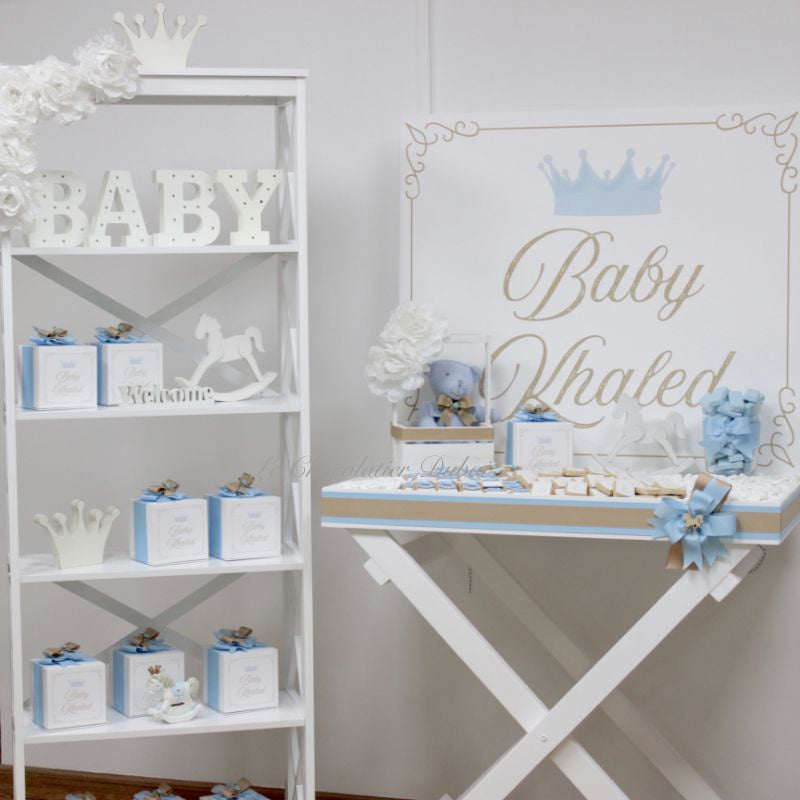 Baby boy carousel horse theme decorated chocolate wood stand with personalized backdrop