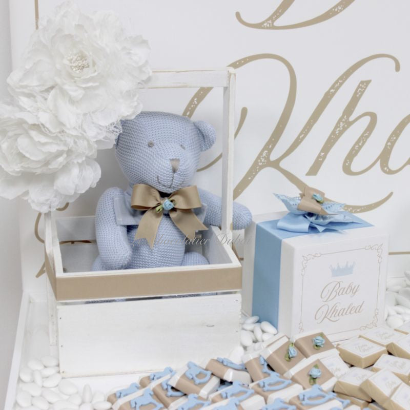 Baby boy carousel horse theme decorated chocolate wood stand with personalized backdrop