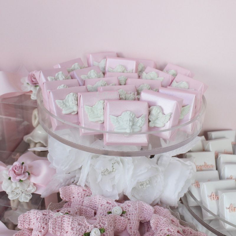 Baby angel personalized crochet decorated chocolate wood stand with personalized backdrop.