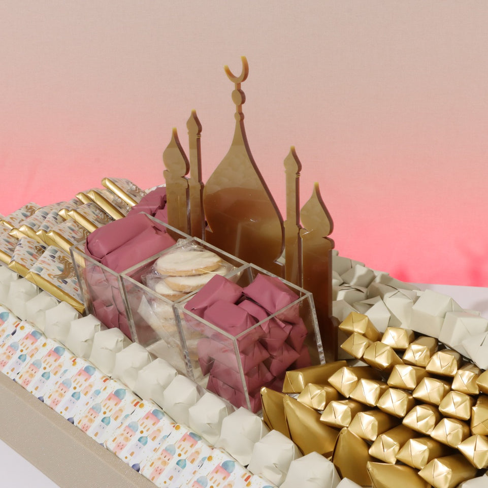 Luxury eid mubarak acrylic mosque decorated chocolate leather tray