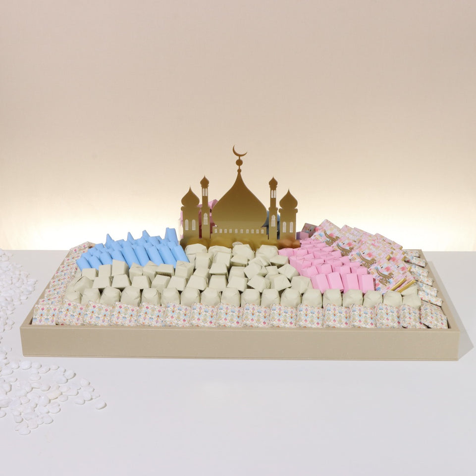 Luxury eid mubarak acrylic mosque decorated chocolate large leather tray