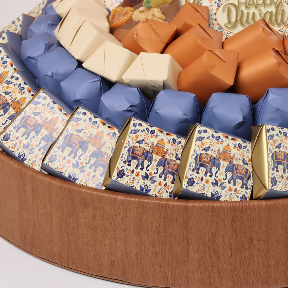 Happy diwali majestic elephant designed premium chocolate round leather tray
