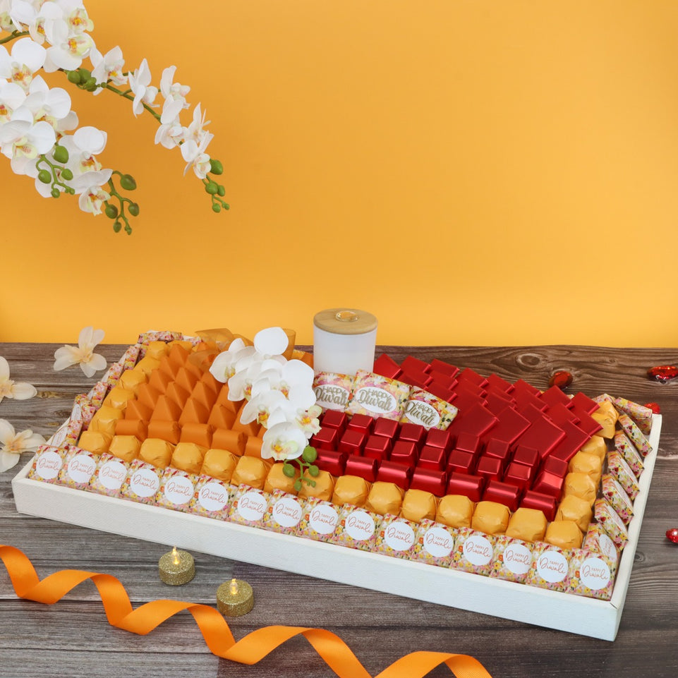 Happy diwali floral decorated premium chocolate large leather tray