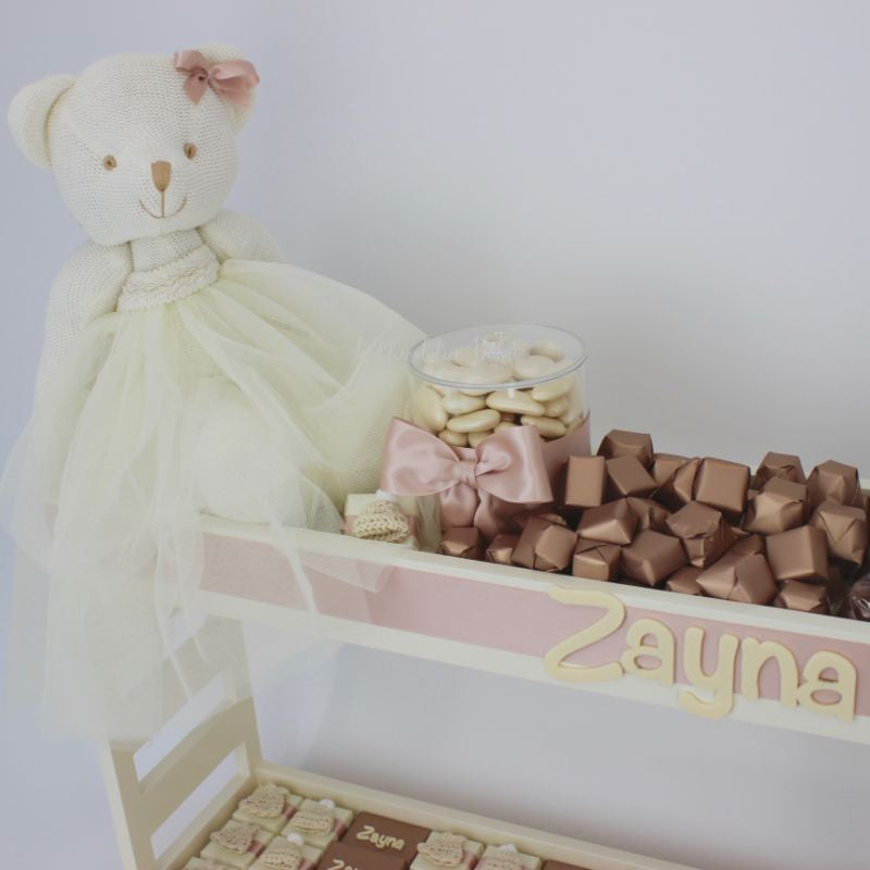 Baby girl personalized acrylic name & crochet decorated chocolate wood tray
