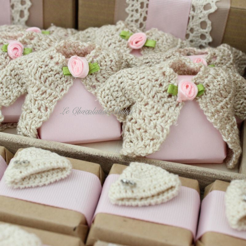 Baby rustic theme crochet decorated chocolate wood stand with customized backdrop.