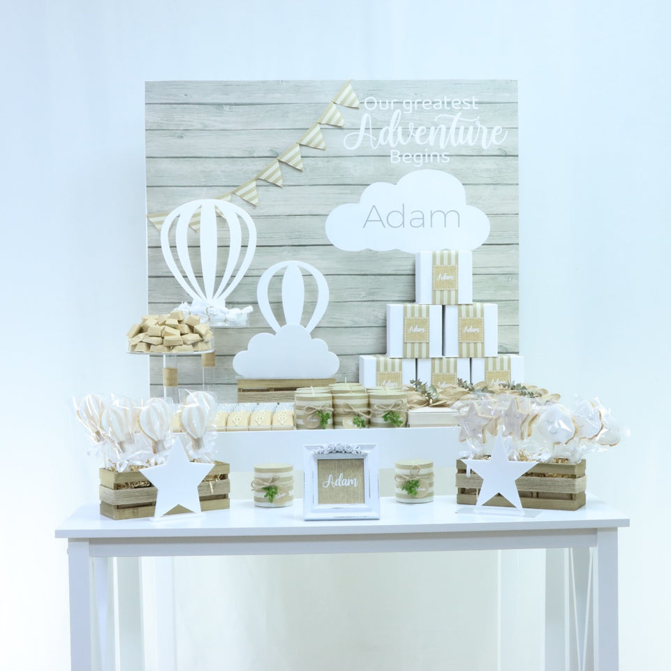 Baby boy rustic hot air balloon theme decorated chocolate arrangement stand for rent