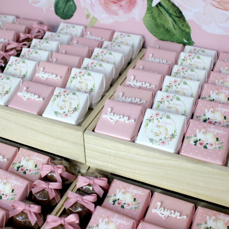 Bunny floral chocolate baby girl wood stand for rent