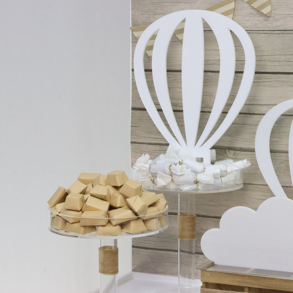 Baby boy rustic hot air balloon theme decorated chocolate arrangement stand for rent