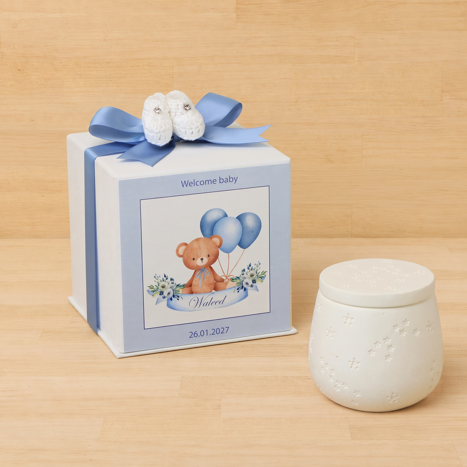 Set of 20 boxes baby boy gypsonite jar with crochet boots in hard box giveaway