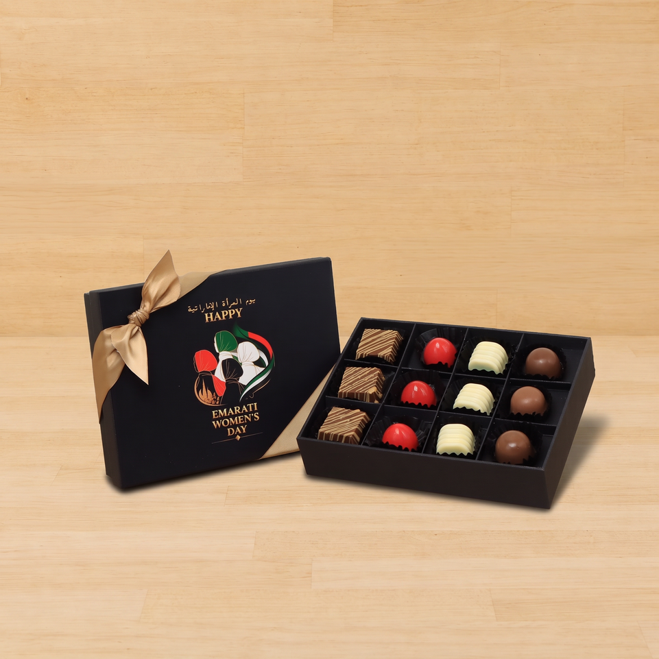 Happy Emirati women's day designed premium chocolate 12 piece hard box