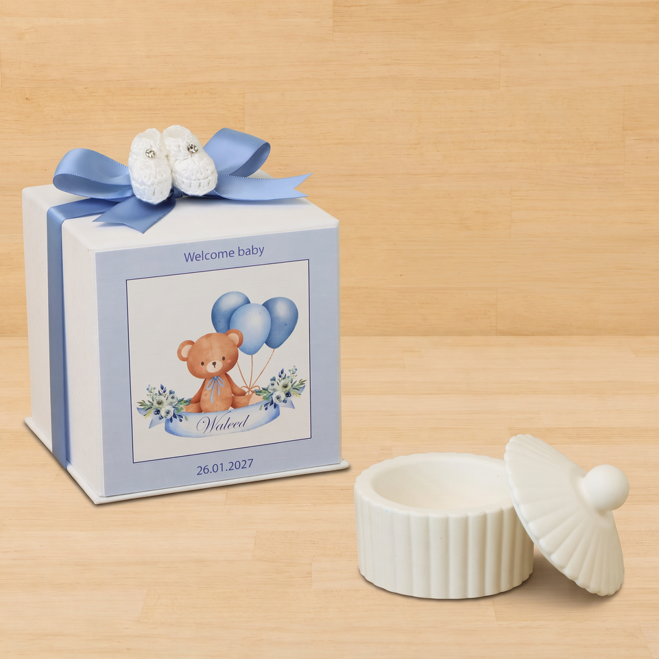 Set of 20 boxes baby boy ribbed umbrella ceramic trinket with shoe crochet in hard box giveaway