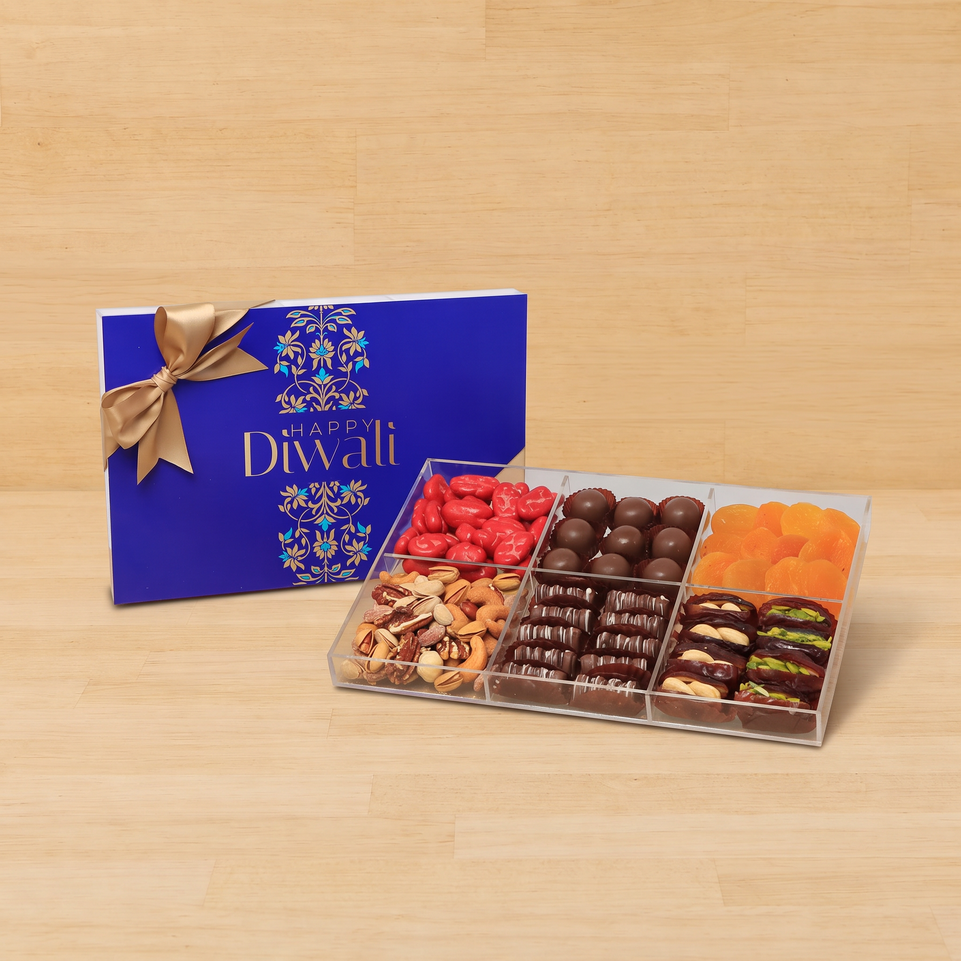 Happy Diwali festive elegant design premium chocolate and sweets gift acrylic box