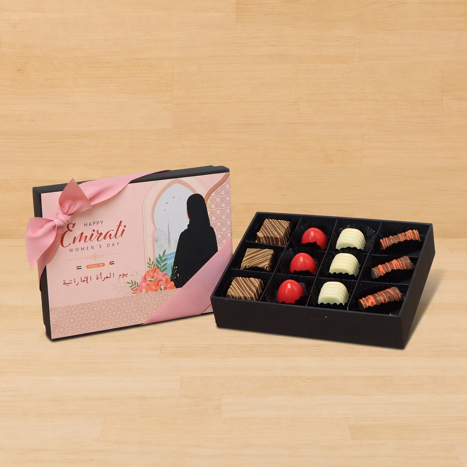 Happy Emirati women's day pink designed premium chocolate 12 piece hard box