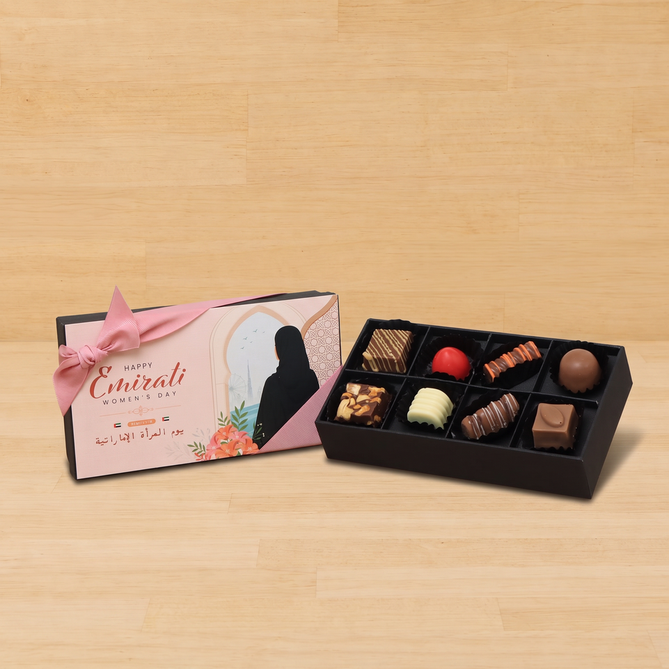 Set of 6 Happy Emirati women's day pink designed premium chocolate 8 piece hard box