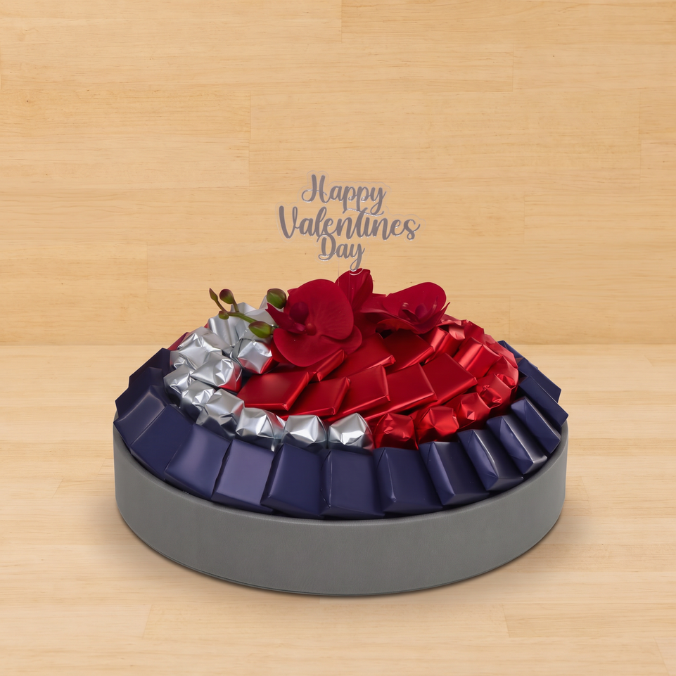 Happy valentine's day orchid decorated chocolate leather round tray