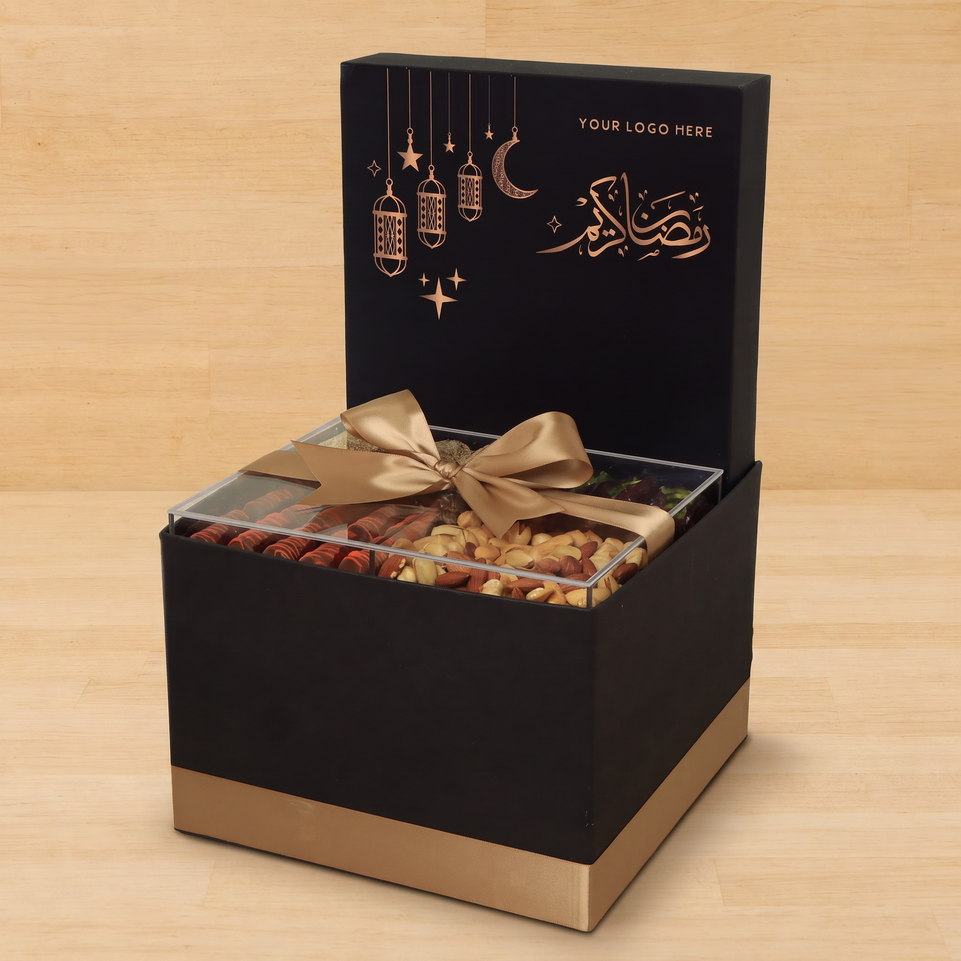 Corporate customized ramadan designed premium chocolate & dates, nuts large hamper