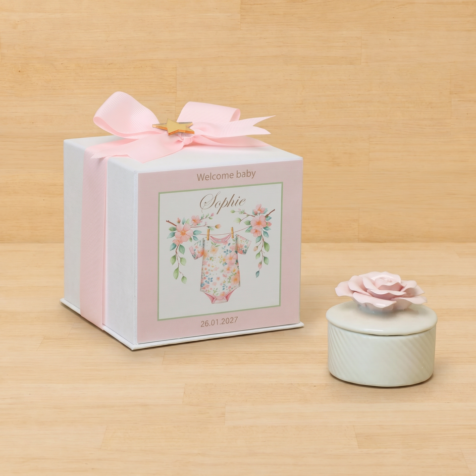 Set of 20 boxes baby girl pink rose flower trinket with gold star acrylic in hard box giveaway
