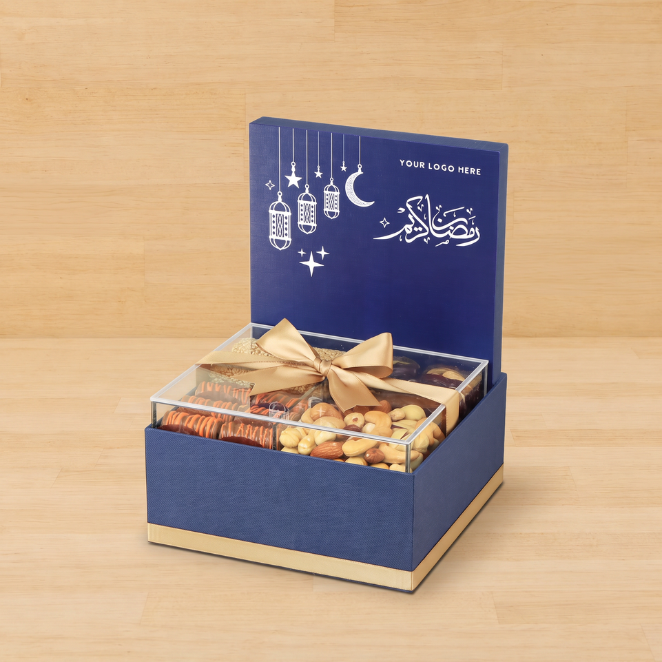 Corporate customized ramadan designed premium chocolate & dates, nuts medium hamper