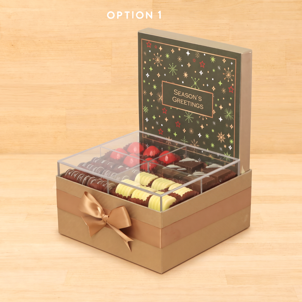 Season's Greeting designed with acrylic premium chocolate medium hamper