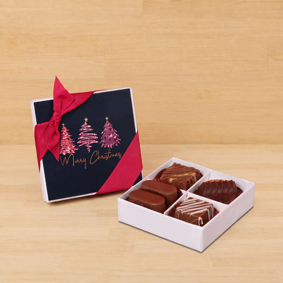 Set of 15 Merry Christmas three trees designed premium chocolate 4 piece hard box giveaway