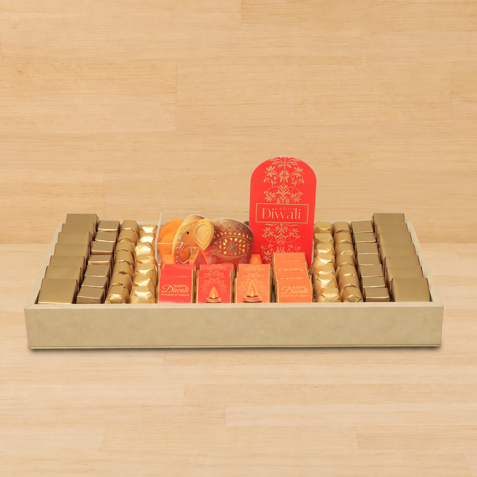 Happy Diwali with acrylic elephant decorated chocolate & sweets medium leather tray