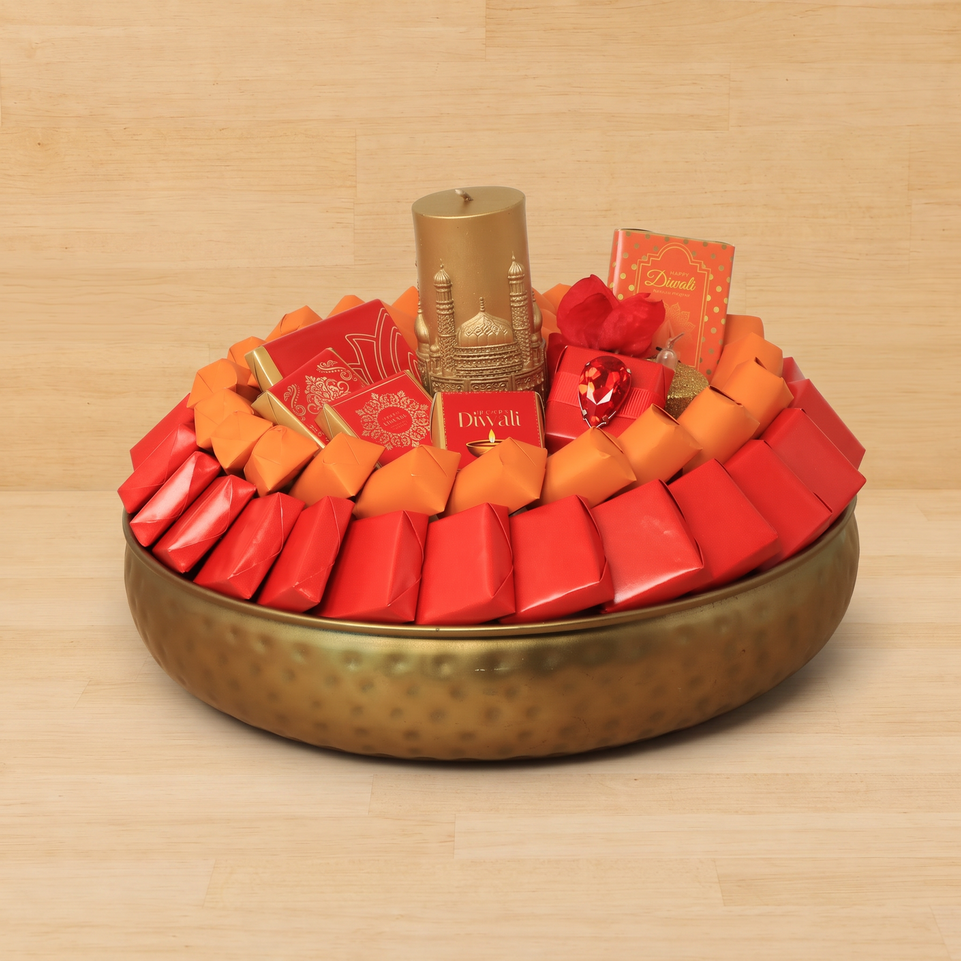 Happy Diwali Taj Mahal candle designed with premium chocolate round metal tray