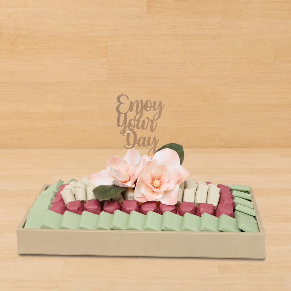 Enjoy your day peach magnolia decorated premium chocolate leather tray