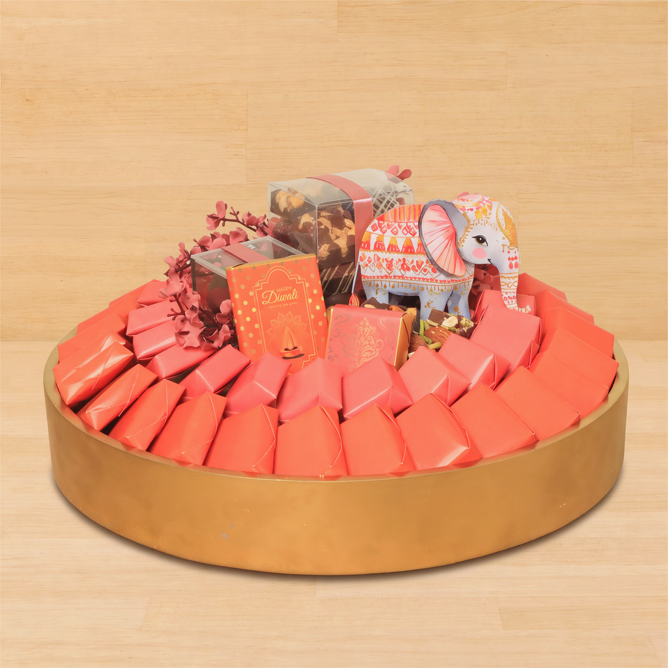 Happy Diwali pink elephant designed with premium chocolate round gypsonite tray