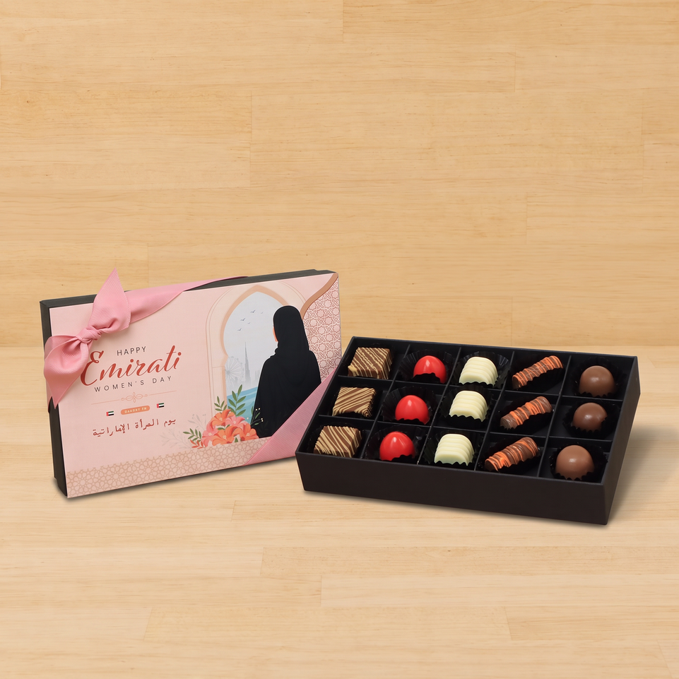 Happy Emirati women's day pink designed premium chocolate 15 piece hard box