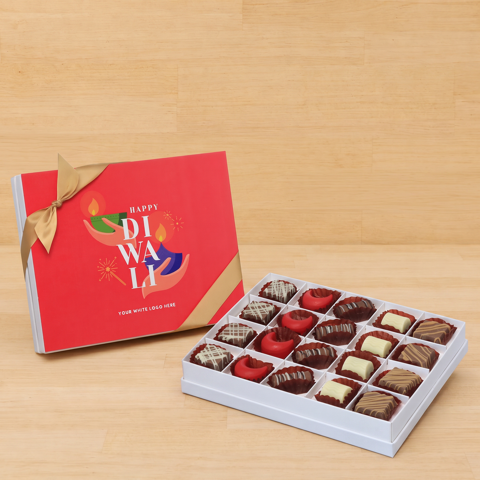 Set of 3 corporate customized happy diwali holding hands candle designed premium chocolate 20p hard box