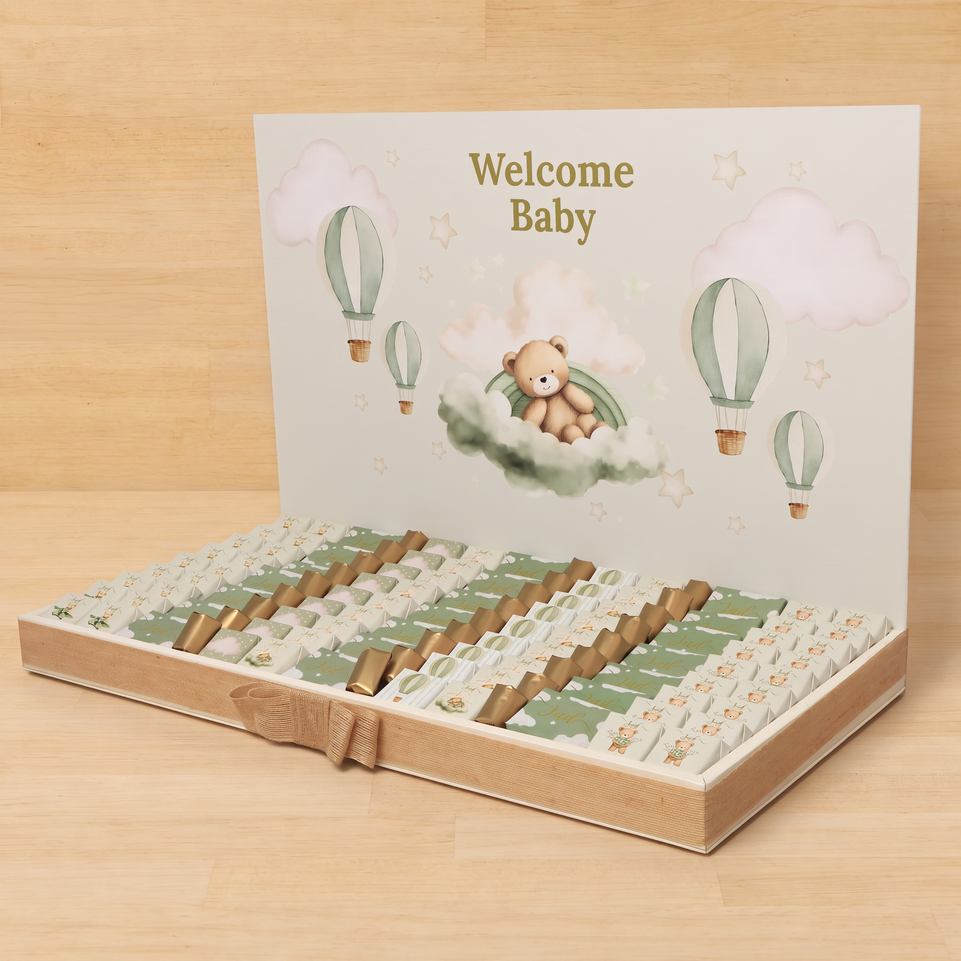 Welcome baby sage green hot air balloon premium chocolate large leather tray