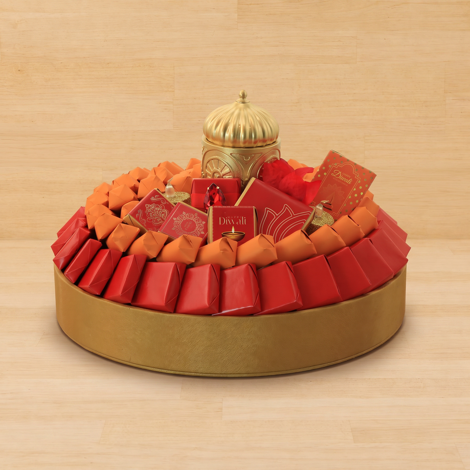 Happy Diwali Mosque candle designed with premium chocolate round leather tray
