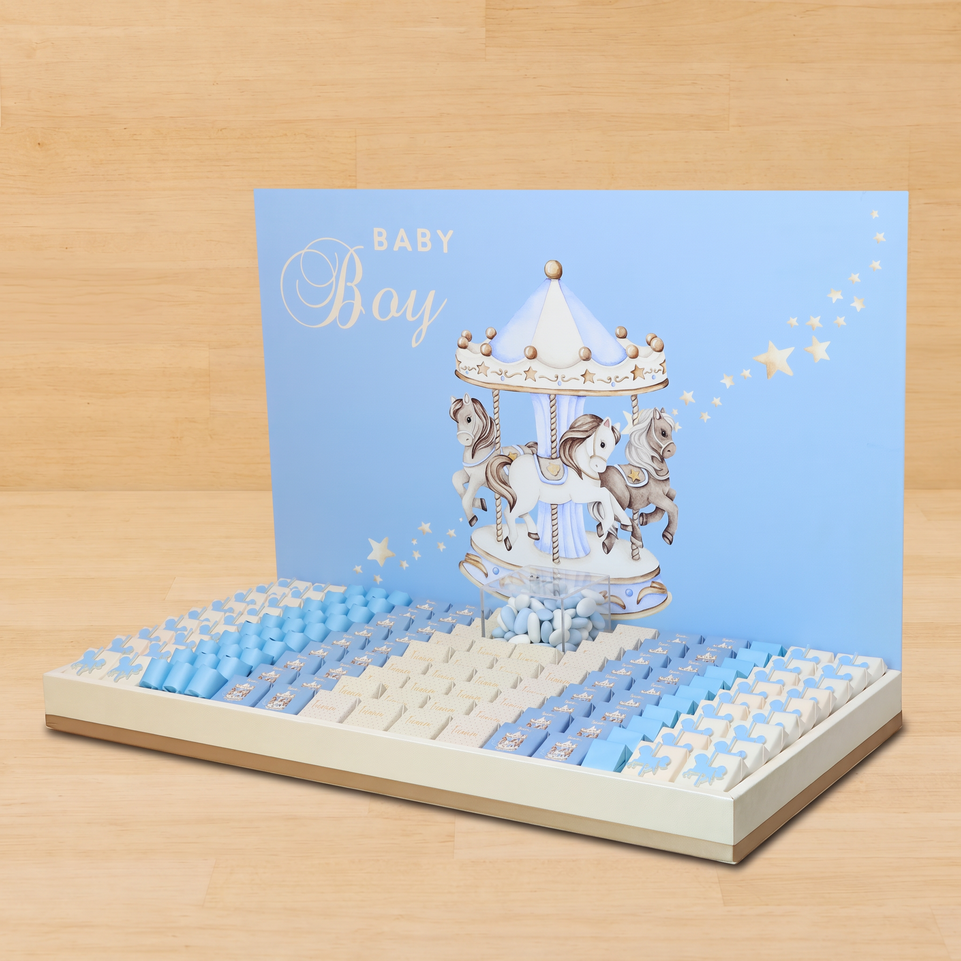 Baby boy carousel themed design premium chocolate large leather tray with acrylic backdrop