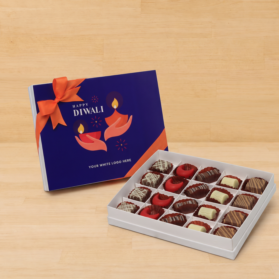 Set of 3 corporate customized happy diwali holding hands candle designed premium chocolate 20p hard box