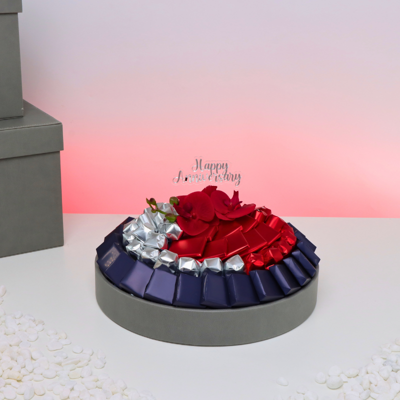Happy anniversary orchid decorated chocolate leather round tray