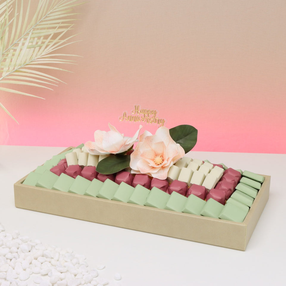 Happy anniversary peach magnolia decorated chocolate medium leather tray