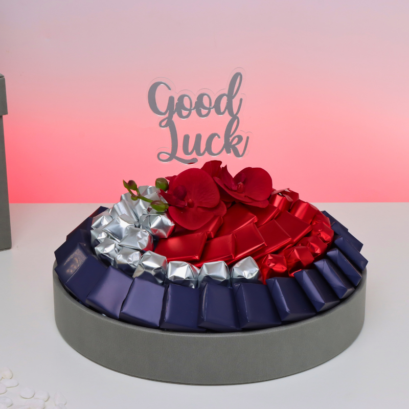 Good luck orchid decorated premium chocolate leather round tray