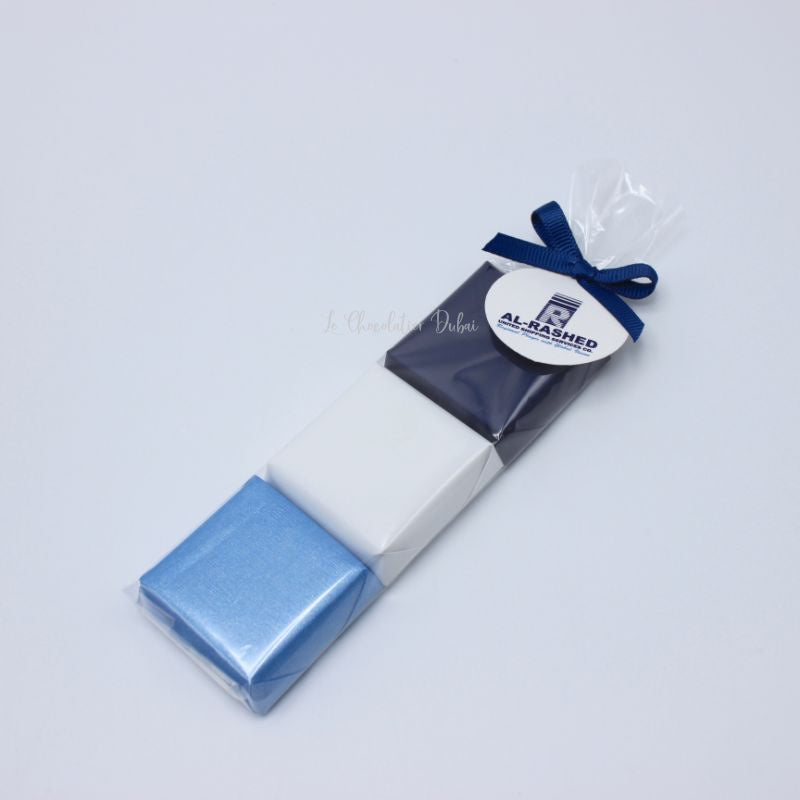 Set of 20 corporate customized 3-pc pack chocolate with company logo tag