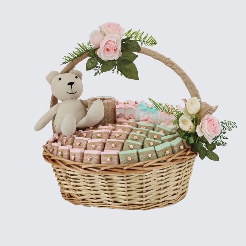 Baby girl rustic decorated chocolate & almond dragees large basket