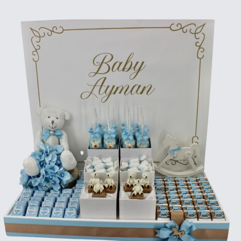 Baby boy personalized acrylic decorated chocolate wood stand