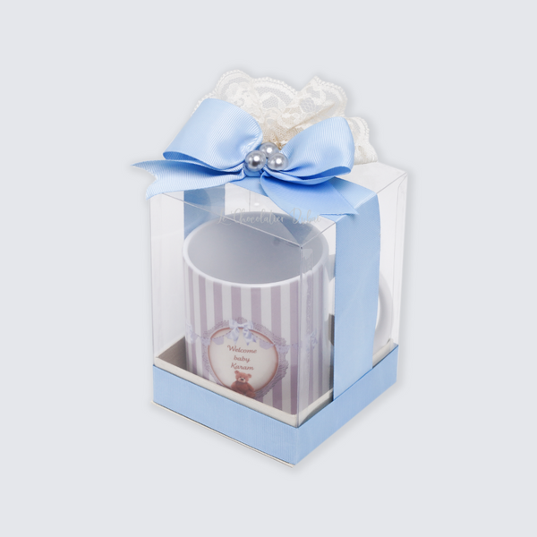 Set of 20 Baby boy personalized mug decorated clear box