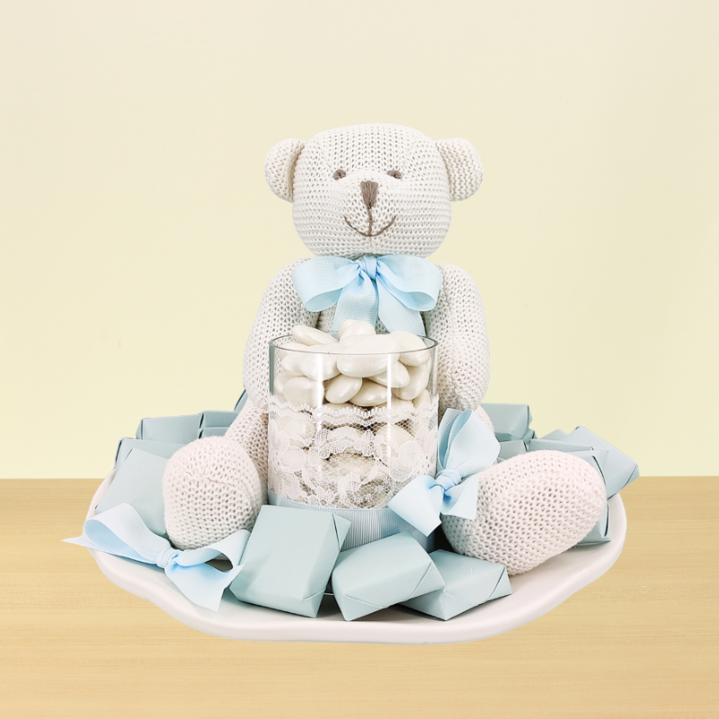 Baby boy teddy decorated chocolate & almond dragees ceramic plate