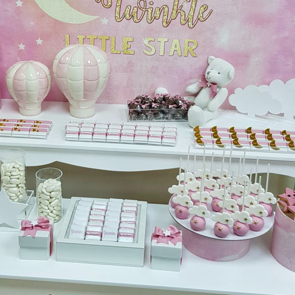 Hot air balloon stars chocolate baby girl wood stand