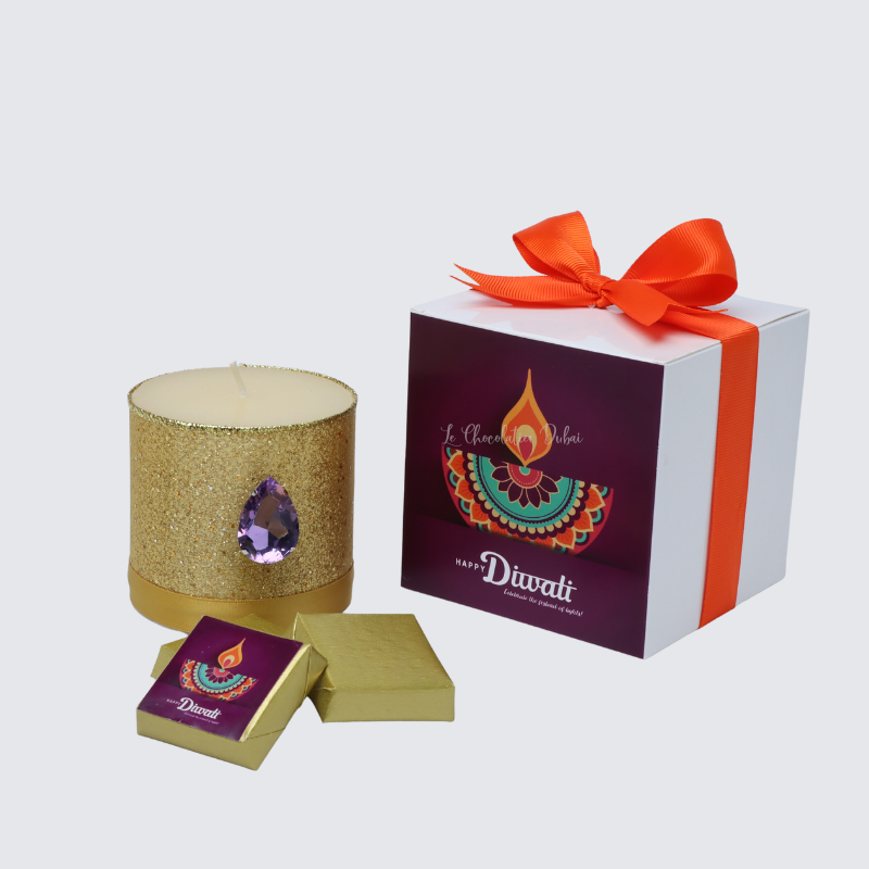 Diwali decorated candle and chocolate giveaway box