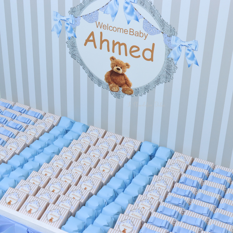 Baby boy teddy theme decorated chocolate leather tray with personalized acrylic backdrop